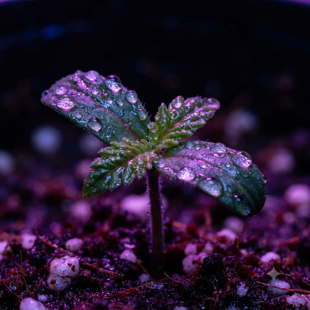 Macro close-up of a single seedling lit magenta and violet by a grow light: two broad, smooth-edged leaves spreading outward from a cluster of smaller serrated leaves, every surface beaded with water droplets, rooted in dark potting mix flecked with white perlite.