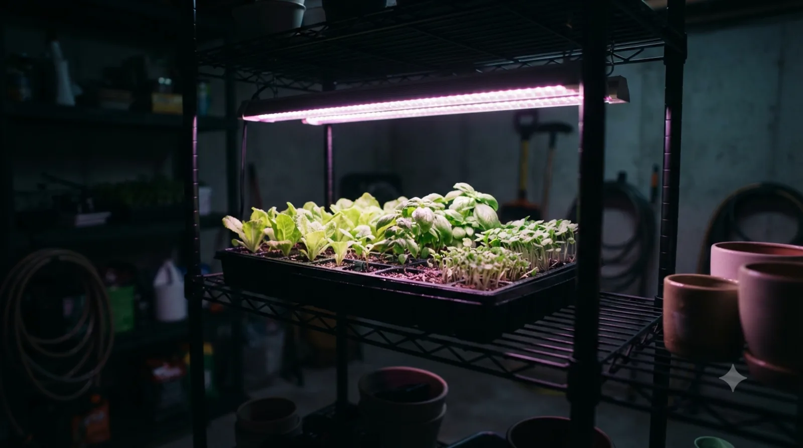 A dark basement grow corner: a black wire shelving unit holding a tray of green lettuce, basil, and microgreen seedlings lit by a pink-glowing LED grow-light bar mounted to the shelf above, with coiled hoses, terracotta pots, and garden tools fading into the shadows around it.