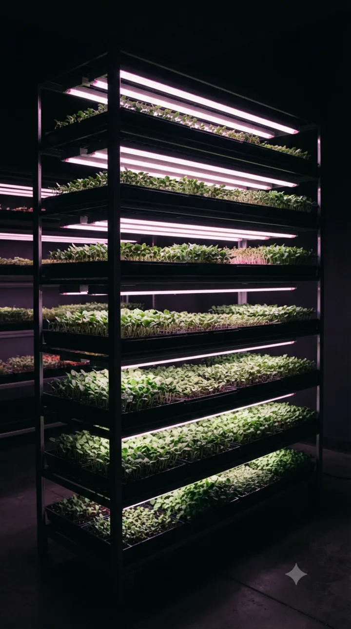A tall black metal shelving rack in a dark room, each shelf holding trays of green seedlings lit from above by pink-white LED strip lights.